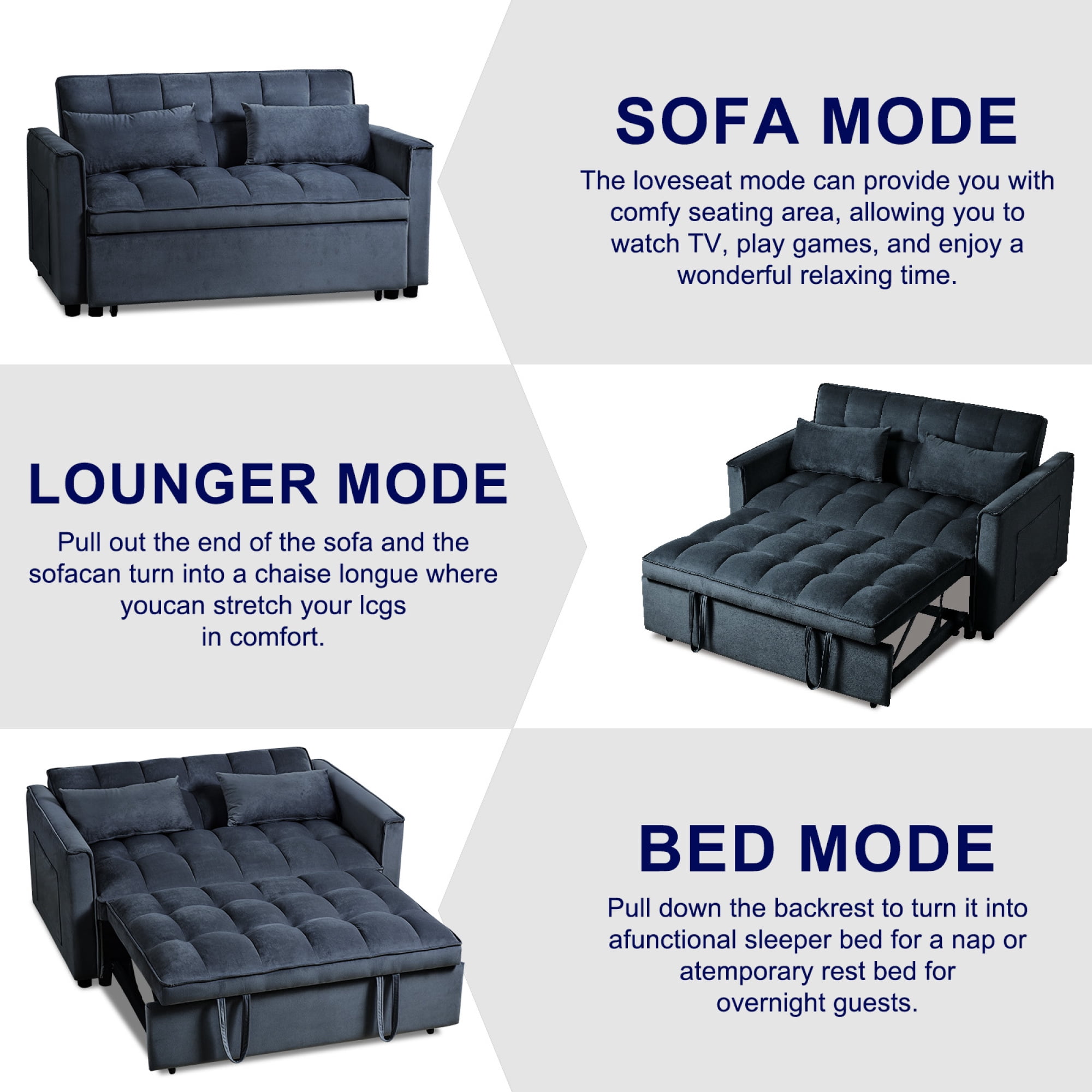 Jopath 3 in 1 Convertible Sofa Bed,Modern Pull Out Couch Slepper Bed with Adjustable Backrest,Velvet Loveseat Couch with Pillows & Pockets for Living Room Apartment Office,Black