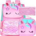 thumbnail image 1 of Mochila KLFVB, 3 unidades, unicornio con lentejuelas para niñas, con lonchera rosa, 15 pulgadas, 1 of 9