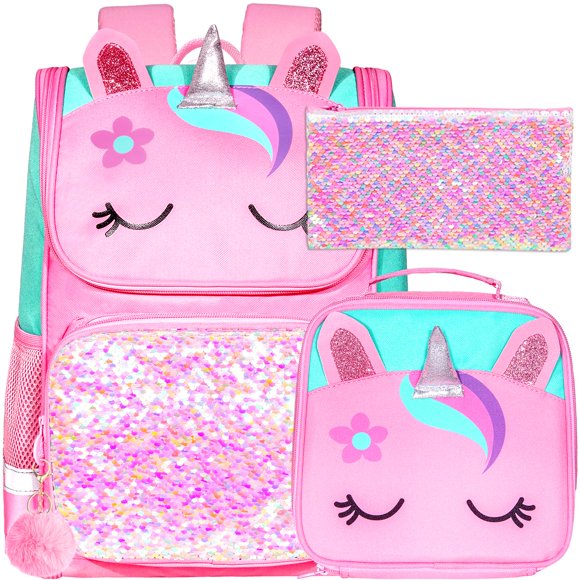 Mochila KLFVB, 3 unidades, unicornio con lentejuelas para niñas, con lonchera rosa, 15 pulgadas