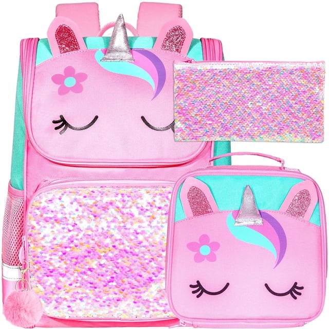 Mochila KLFVB, 3 unidades, unicornio con lentejuelas para niñas, con lonchera rosa, 15 pulgadas