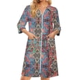 thumbnail image 3 of Women's Robes Zipper Lightweight 3/4 Sleeve Womens Bathrobe Zipper Front Knee Length Vintage Floral Print Trendy Sleepwear Nightgown with Pockets Red S, 3 of 8