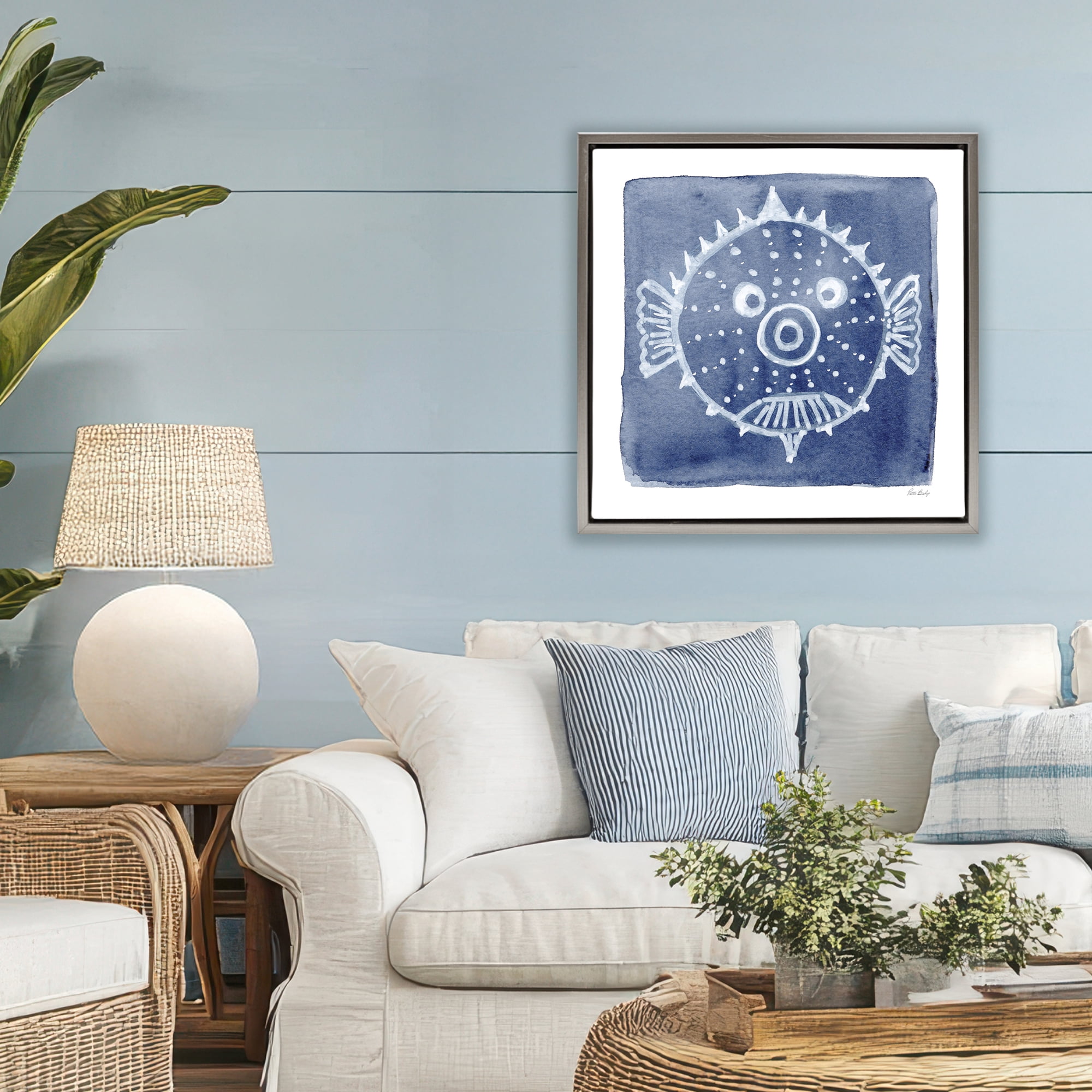 Stupell Industries White Blow Fish on Indigo Gray Framed Floater Canvas Wall Art, design by Patti Bishop