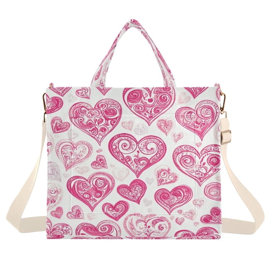 Corduroy Tote Bag for Women Shoulder Handbags Fashion Ladies Purses Satchel Messenger Bags Pink and Red Hearts Pattern S