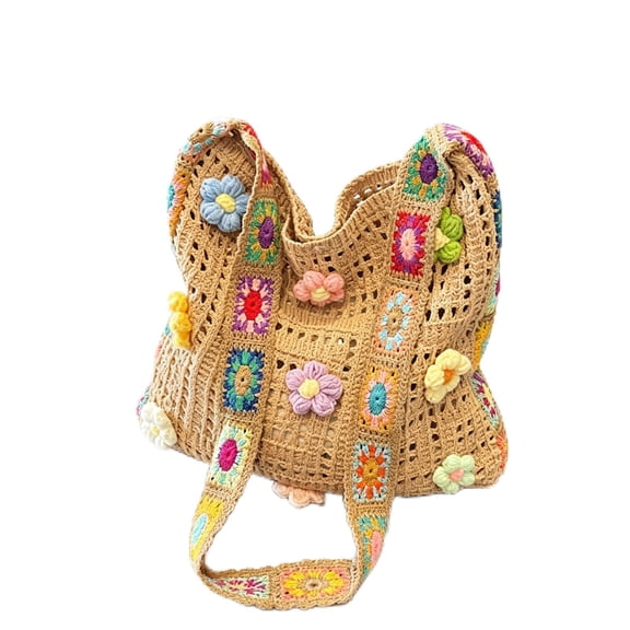 Crochet Crossbody Bag for Women Boho Floral Embroidered Shoulder Purse Lightweight Summer Beach Vacation Handbag