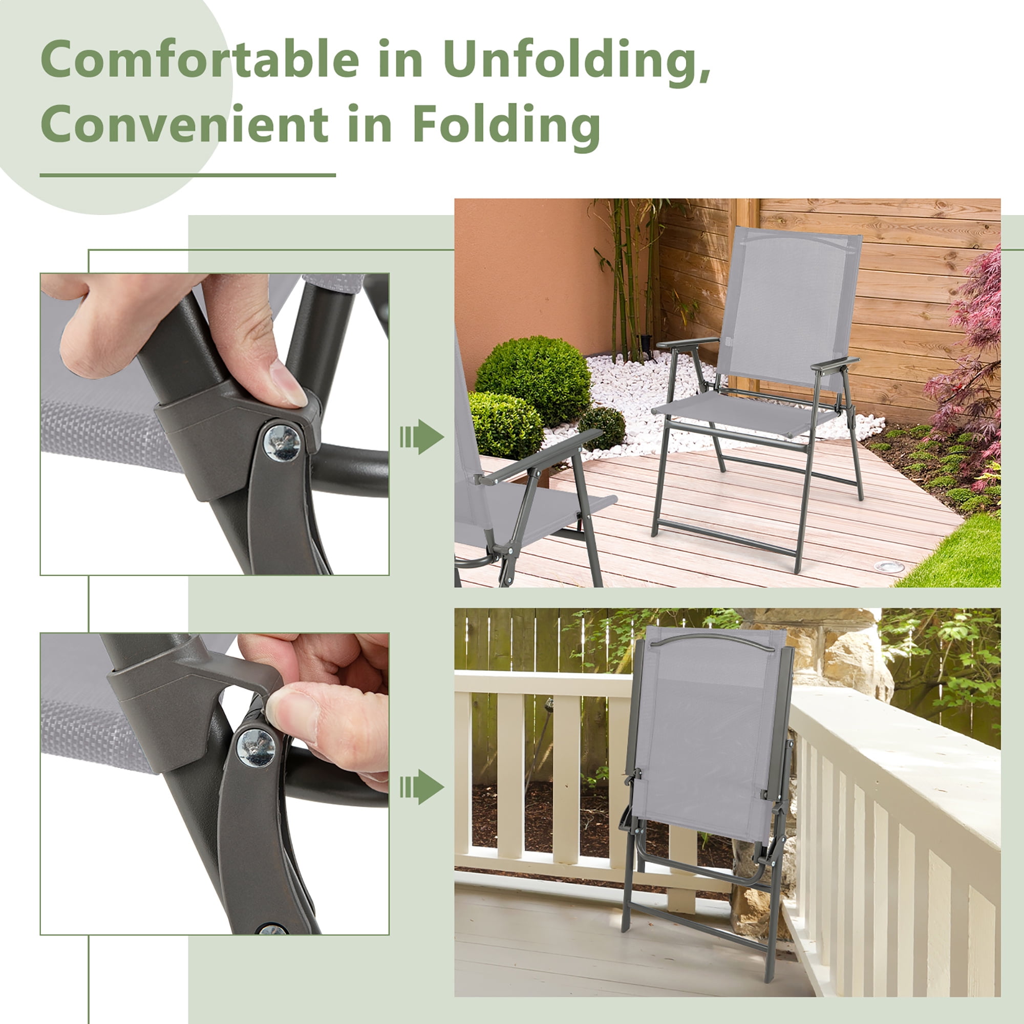 Costway 4pcs Patio Folding Portable Dining Chairs Metal Frame Armrests Outdoor Grey