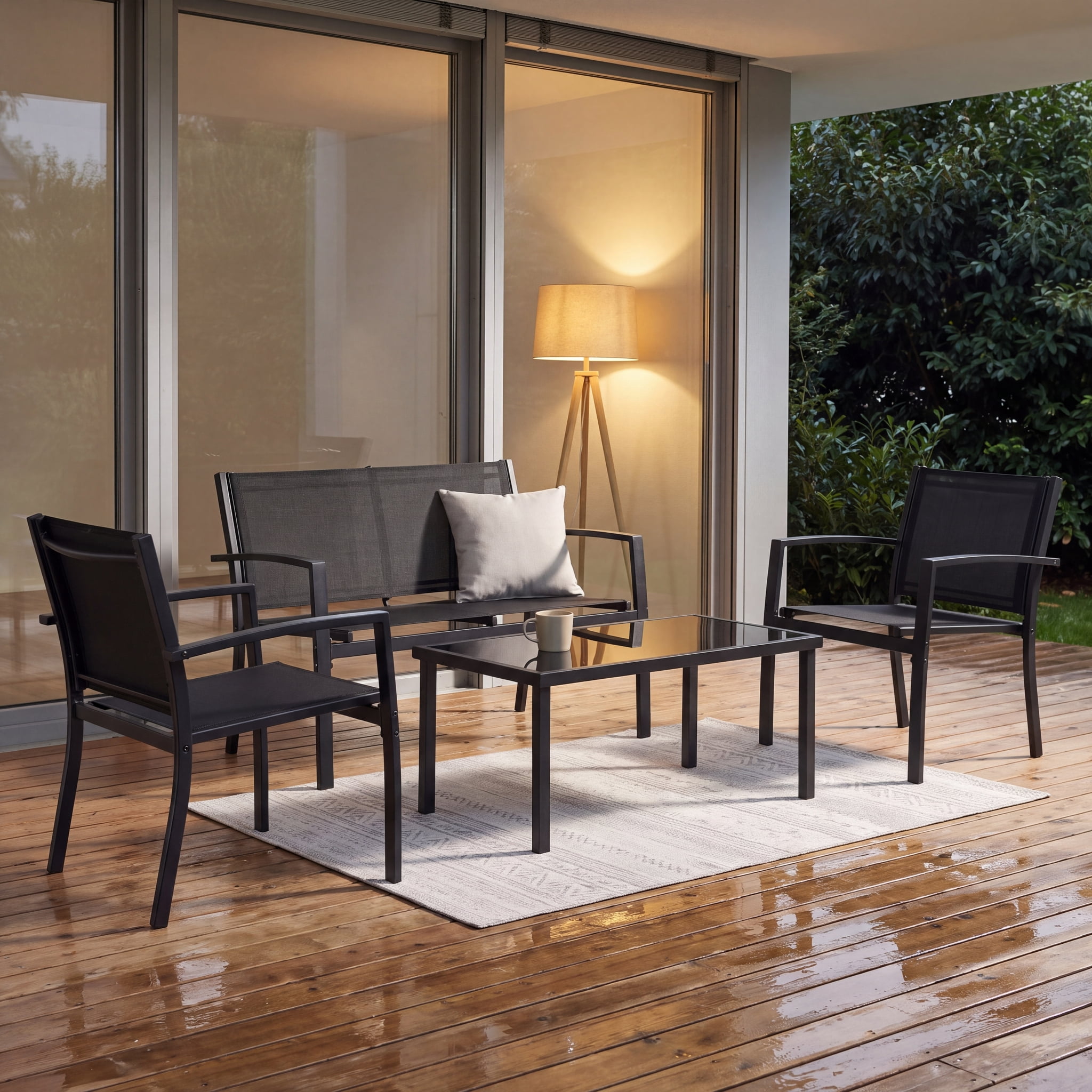 LACOO 4 Pieces Outdoor Furniture Set Patio Textilene Steel Conversation Set with Loveseat Tea Table for Lawn and Balcony, Black
