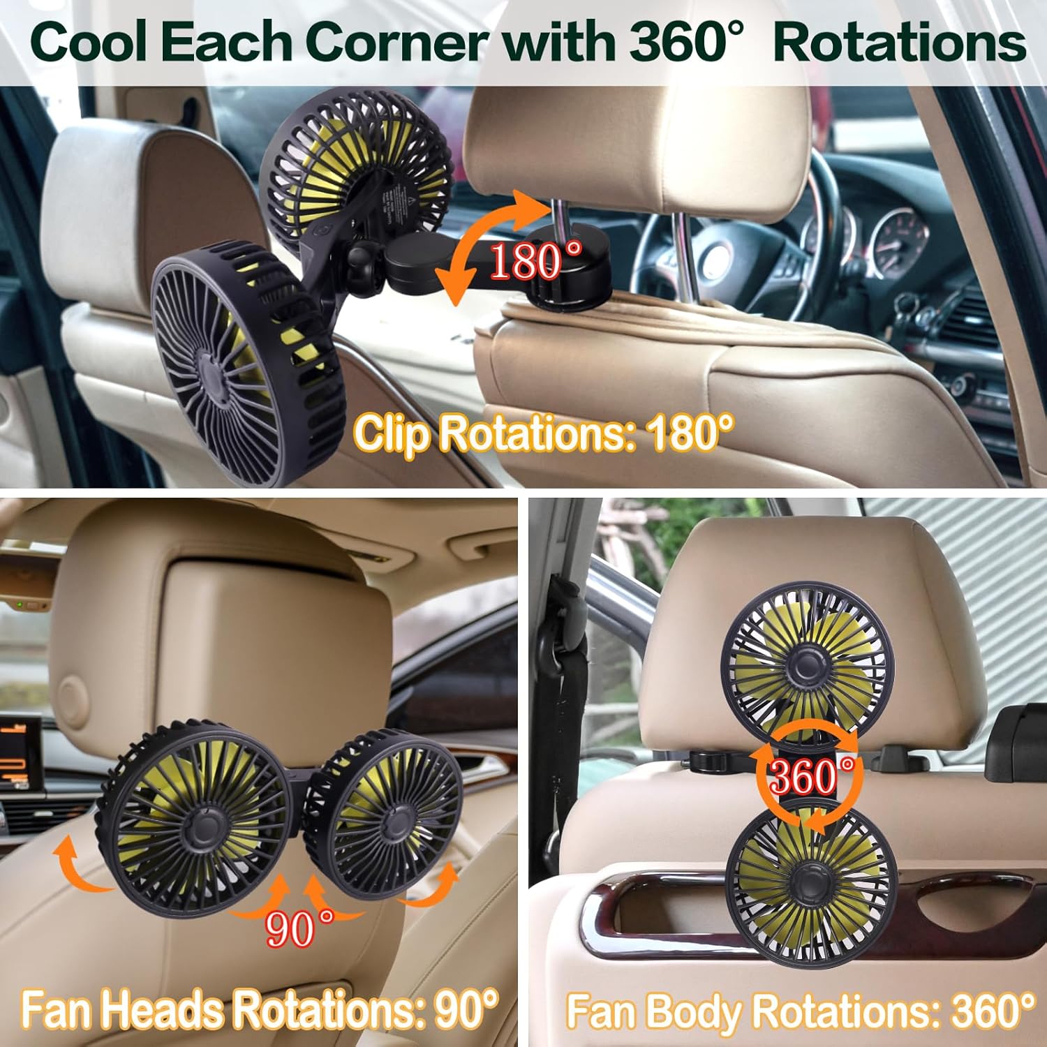 aomogo Dual Head Card Cooling Fan for Back Seat, Usb Powered 3 Speeds 12V Rotatable Car Seat Headrest Fan Car Accessories Cooler That Blow Cold Air for Sedan Suv Rv Truck