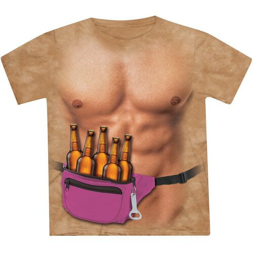 Six Pack Abs and 6-Pack Beers Funny T-Shirt-Unisex-Medium-Tan 