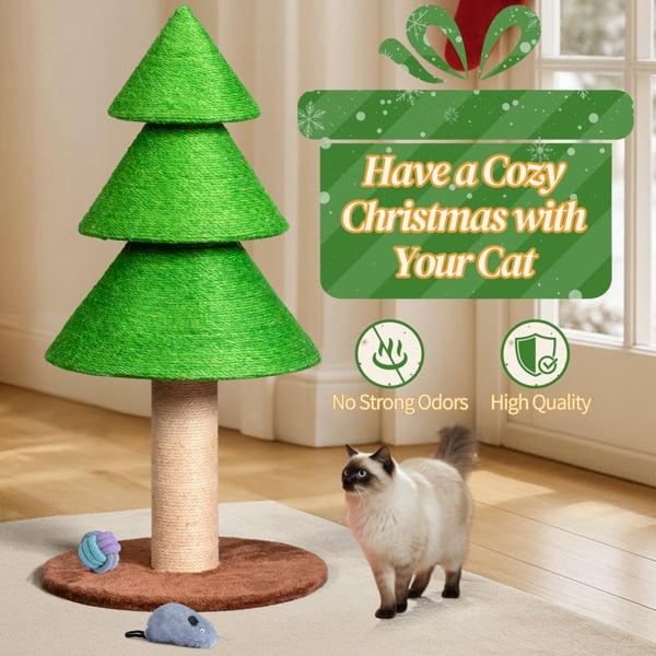 imerelez 31.5in Christmas Tree Cat Scratcher with Fleece Base, Large Sisal Scratching Post for Indoor Cats, Grass Green Holiday Cat Tower