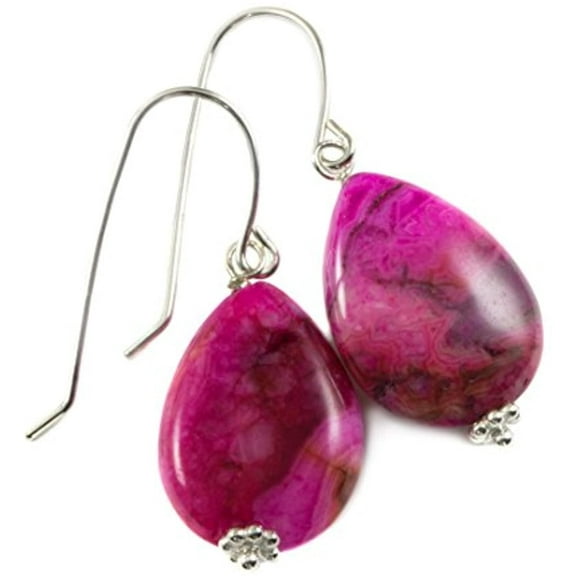 Sterling Silver Agate Earrings Hot Pink Gray Smooth Puffed Teardrops Simple Drops Silvertone Accents Designed for Adult Women