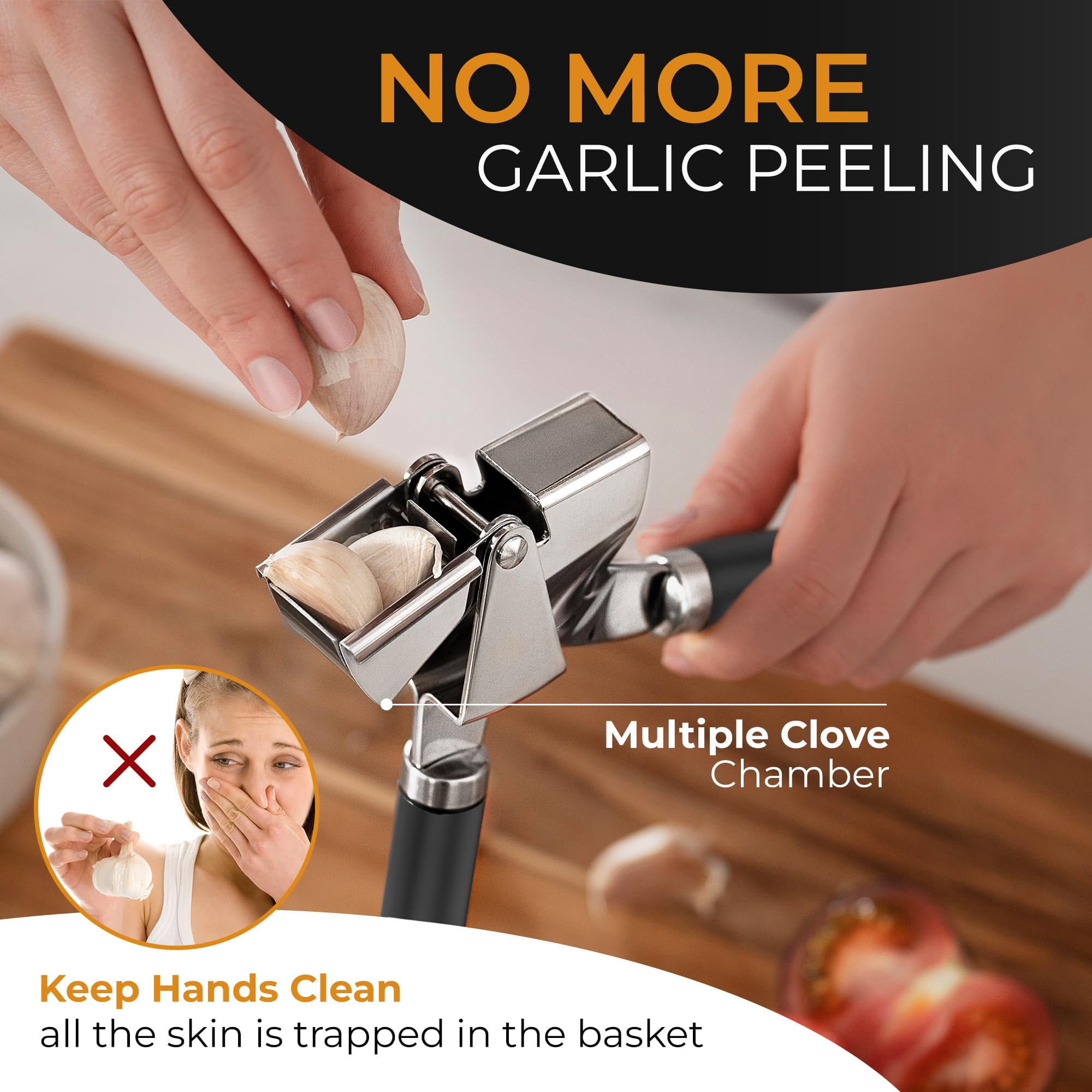 Garlic Press Stainless Steel - Premium Professional Grade Garlic Mincer, Crusher & Peeler Set - Easy Clean, Dishwasher Safe & Rust-proof
