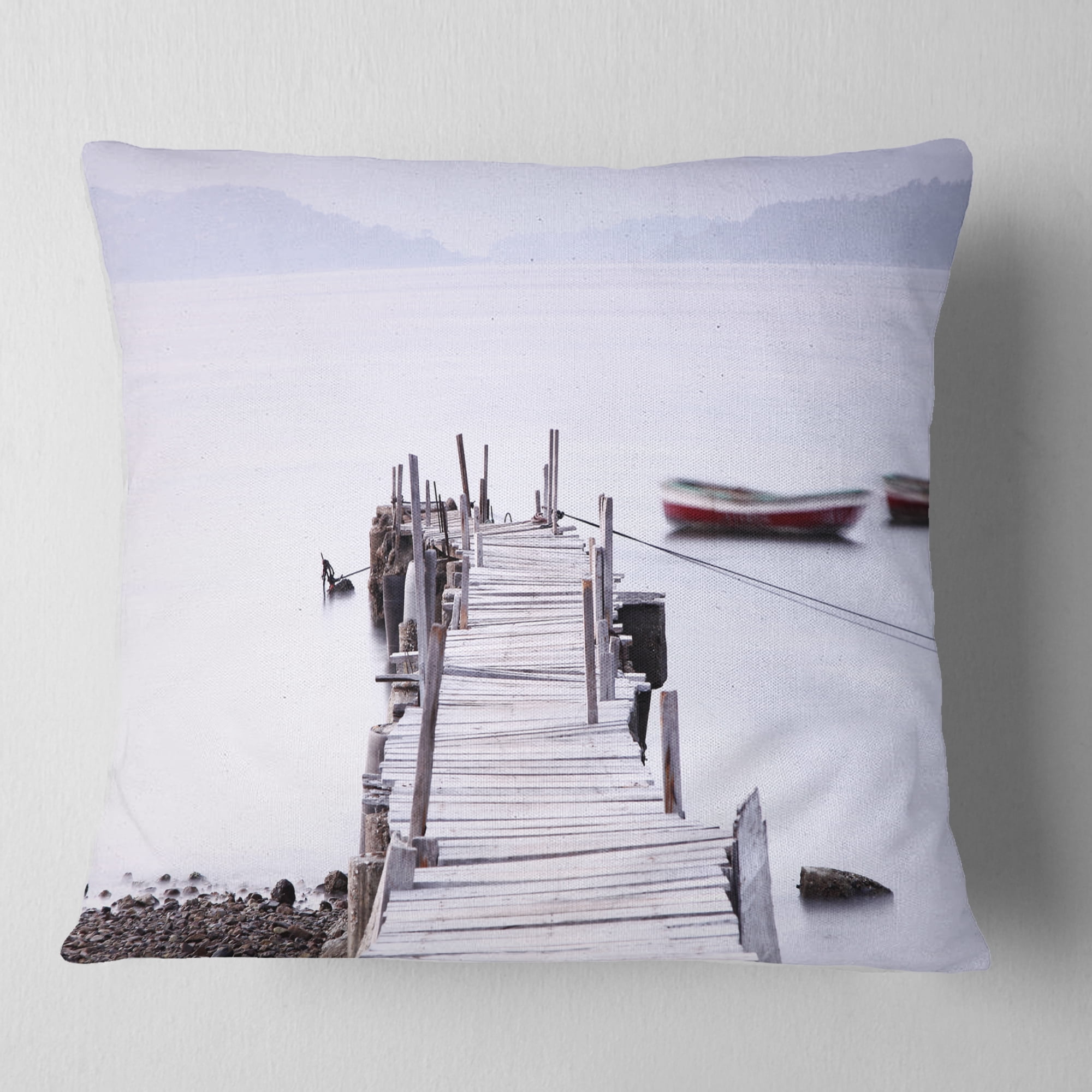 Designart Foggy Sea with Pier and Boats - Seascape Throw Pillow - 16x16