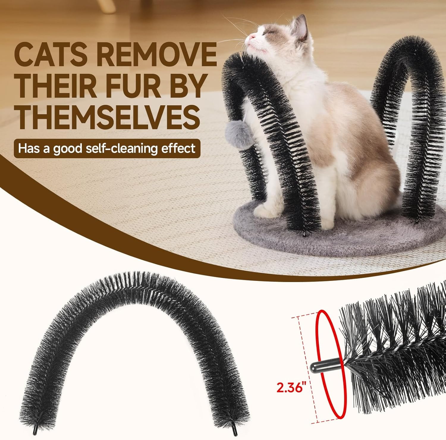 Cat Arch Self Groomer Cat Massager, Cat Grooming Brush with 2 Brushes and Heavy Plush Base, Cat Face and Back Scratchers, Cat Scratchers for Indoor Cats with 2 Toy Plush Balls, Cat Rubbing Post