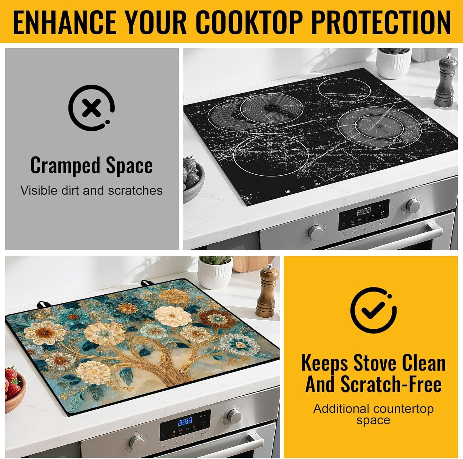 Stove Top Cover for Electric Stove 28.5x20.5 Inch Silicone Stove Topper & Protector, Decorative Kitchen Mat for Electric/Glass Stove Top (Cream & Gold Floral Tree)