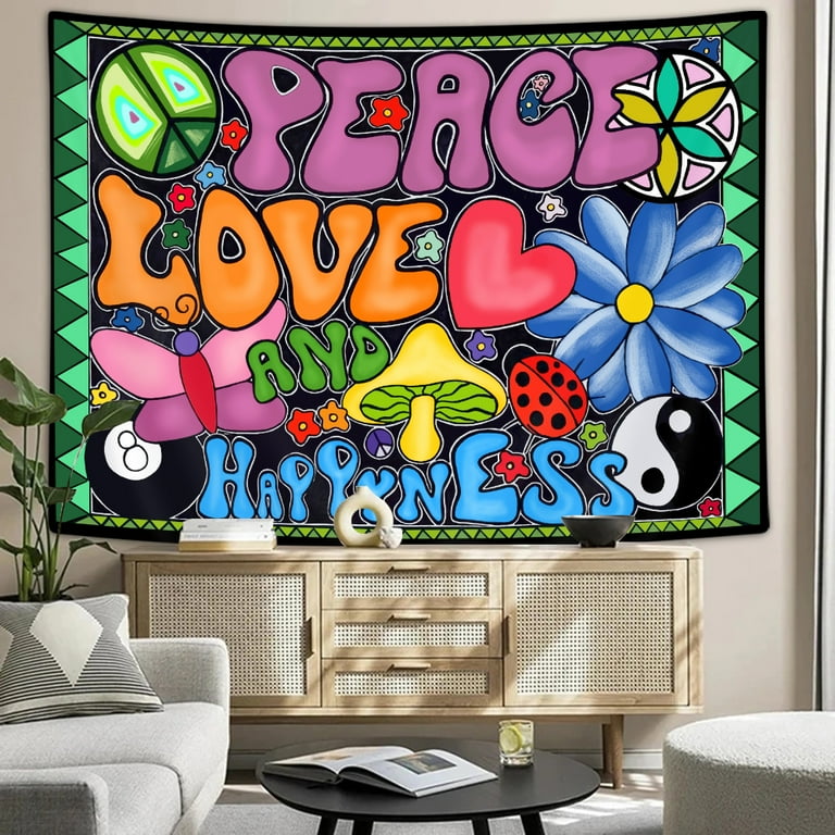 Hippy 70s Flower Tapestry, Retro 60s Wall Decor, Peace Love
