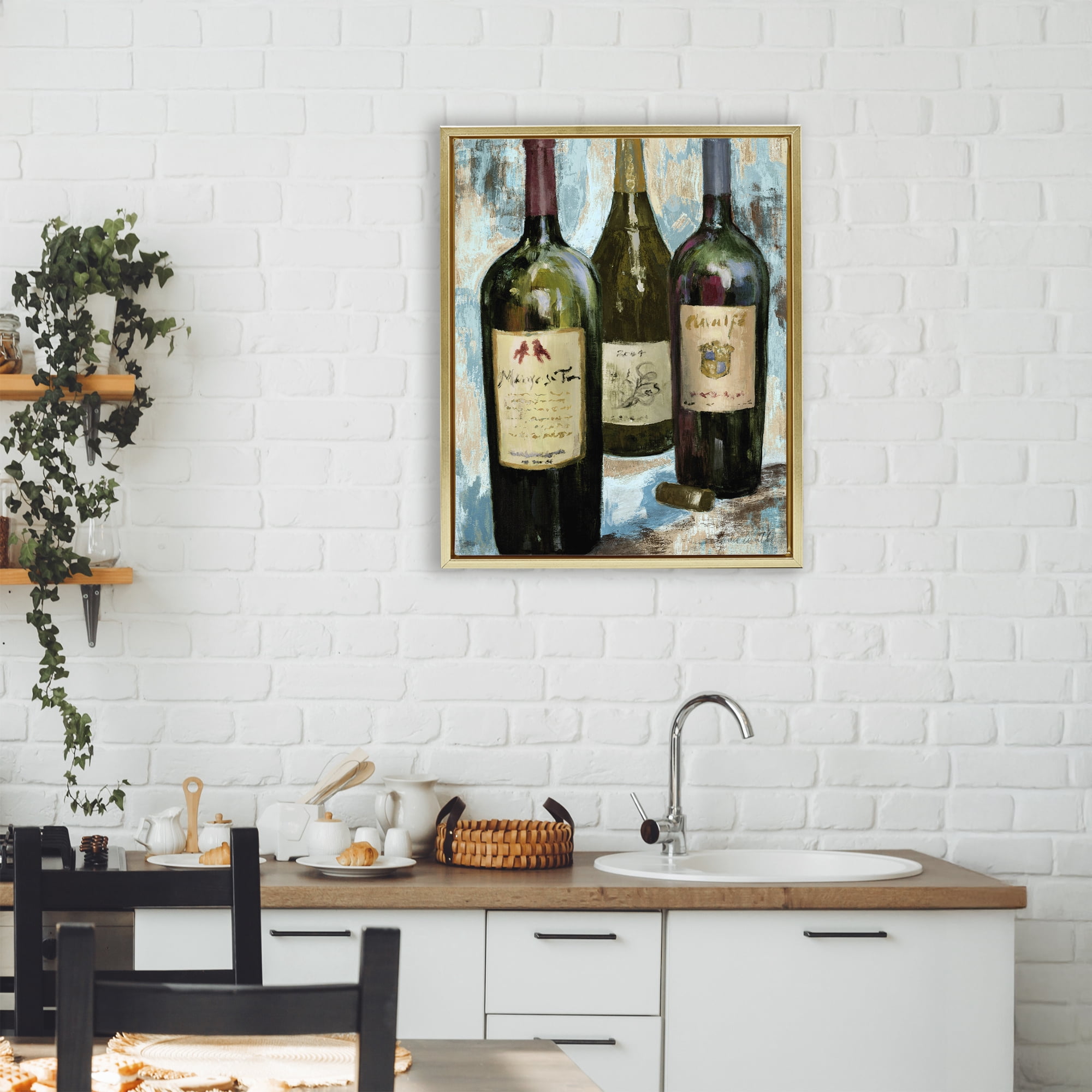 Stupell Industries Labeled Wine Bottle Trio Gold Framed Floater Canvas Wall Art, design by Lanie Loreth