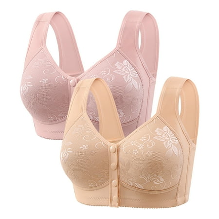 Gnurob 2 Pack Daisy Bras for Women No Underwire Bralette Front Closure Bra Comfort Senior Snap Closing Bralettes for Older Clearance Deals 02-Pink Large