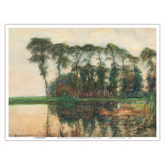 Farmstead Along the Water Screened by Nine Tall Trees - From an Original Water Color Painting by Piet Mondrian c.1905 - Master Art Print (Unframed) 9in x 12in