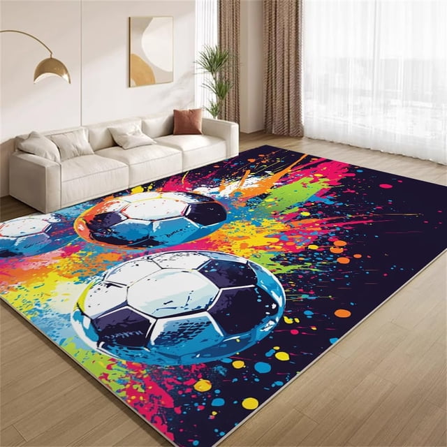 Sports Theme Area Rugs, Colorful Football Graffiti Carpet, Washable Non Slip Low Pile Soft Rug for Living Room Bedroom Entry Decor Mat 5ftx7ft