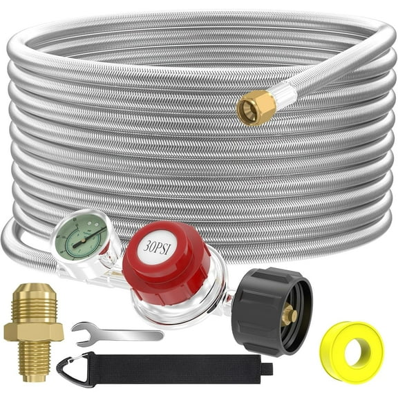 24FT 0-30 PSI Adjustable High Pressure Propane Regulator with Gauge 0~60PSI Gas Flow Indicator Stainless Propane QCC1 Hose with 3/8 Flare x 1/8 MNPT Fits for LP Gas Cooker, Burner, Turkey Fryer,Smoke
