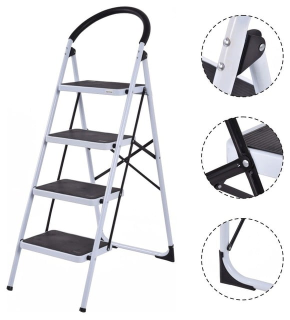 Step Ladder Portable Step Stool with Handgrip Anti-Slip and Wide Pedal Sturdy Steel Ladder Multi-Use for Home US Stock 300lbs Transser Two Step Steel White Garden and Office Shipping From CA.