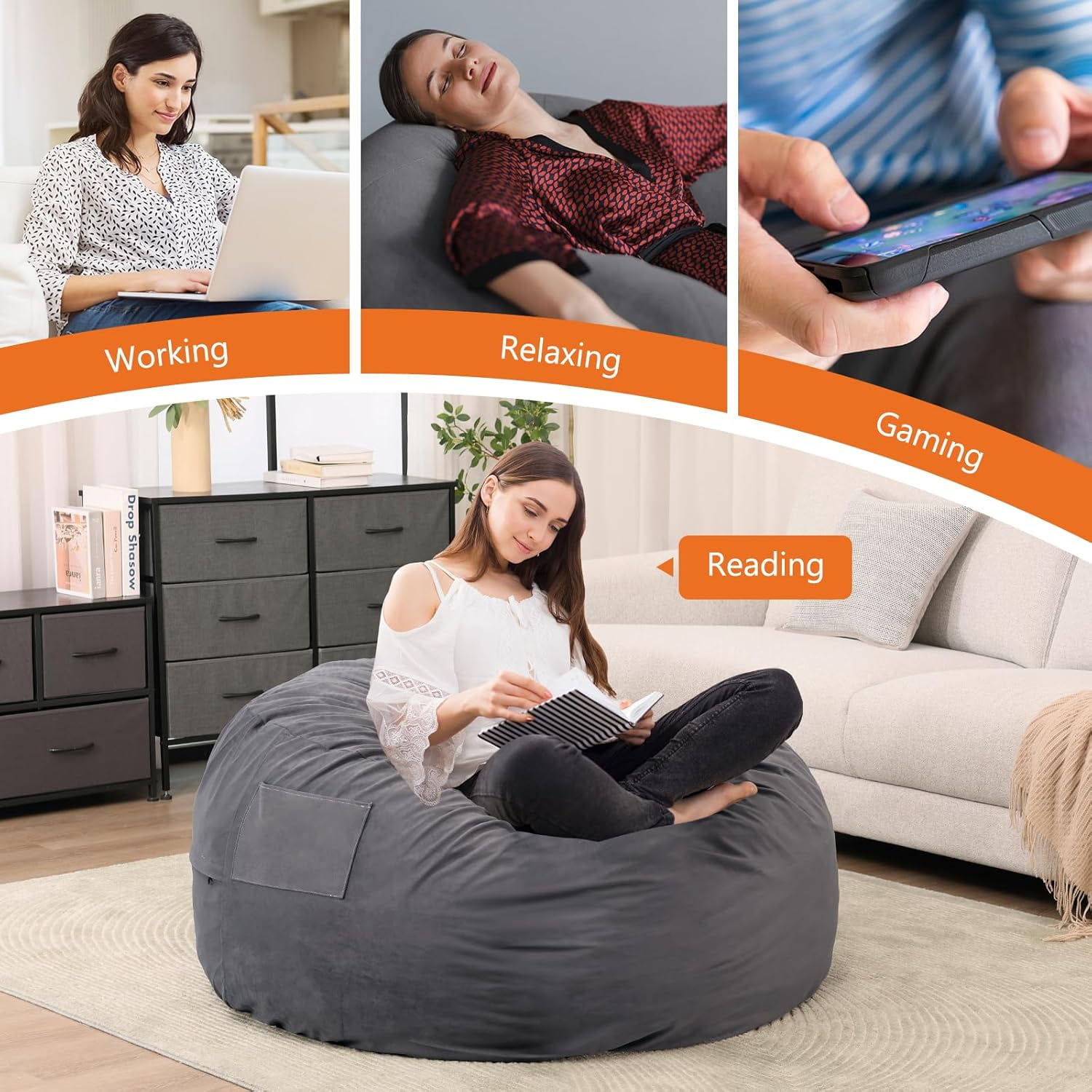 Simenmax 3FT Bean Bag Chair Beanbag, Oversized Lazy Sofa Living Room Furniture with Removable Washable Cover