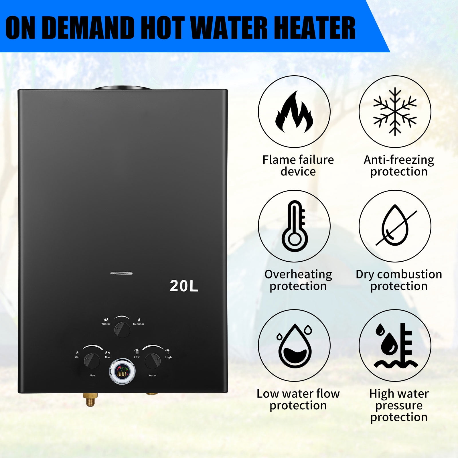20L Tankless Propane Water Heater 5.26GPM, Outdoor Portable Instant Hot Water Heater with Digital Display & Multiple Protections for Camping, RVs, Boat Cabins & Outdoor Use