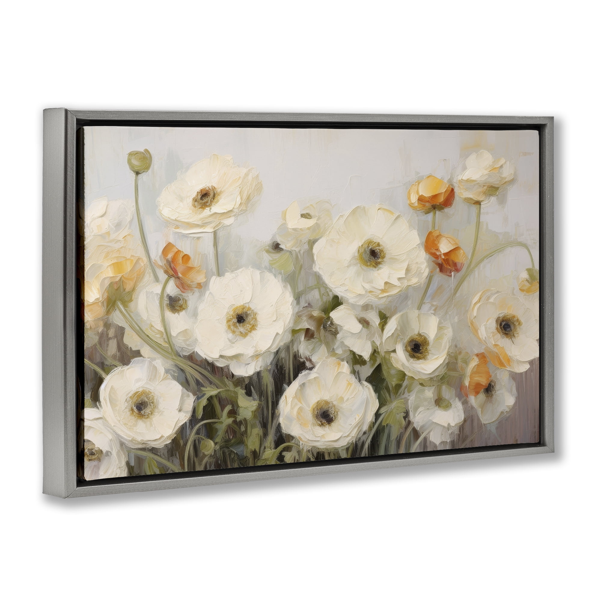 Stupell Industries White Ranunculus Blooms Plants & Flowers Painting Gray Floater Framed Canvas Art Print Wall Art, 31 x 21