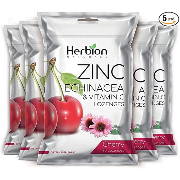 Herbion Naturals Zinc, Echinacea & Vitamin C Lozenges with Cherry Flavor, 25 CT, Dietary Supplement for Adults & Children 5 , Promotes Wellness for The Whole Family, (Pack of 5) (125 Lozenges)