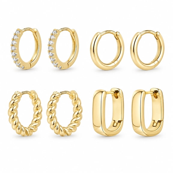 4 Pairs 14K Gold Plated Huggie Hoop Earrings Set for Women Small Gold Hoop Earrings CZ Twist Chunky Hinged Jewelry Gift