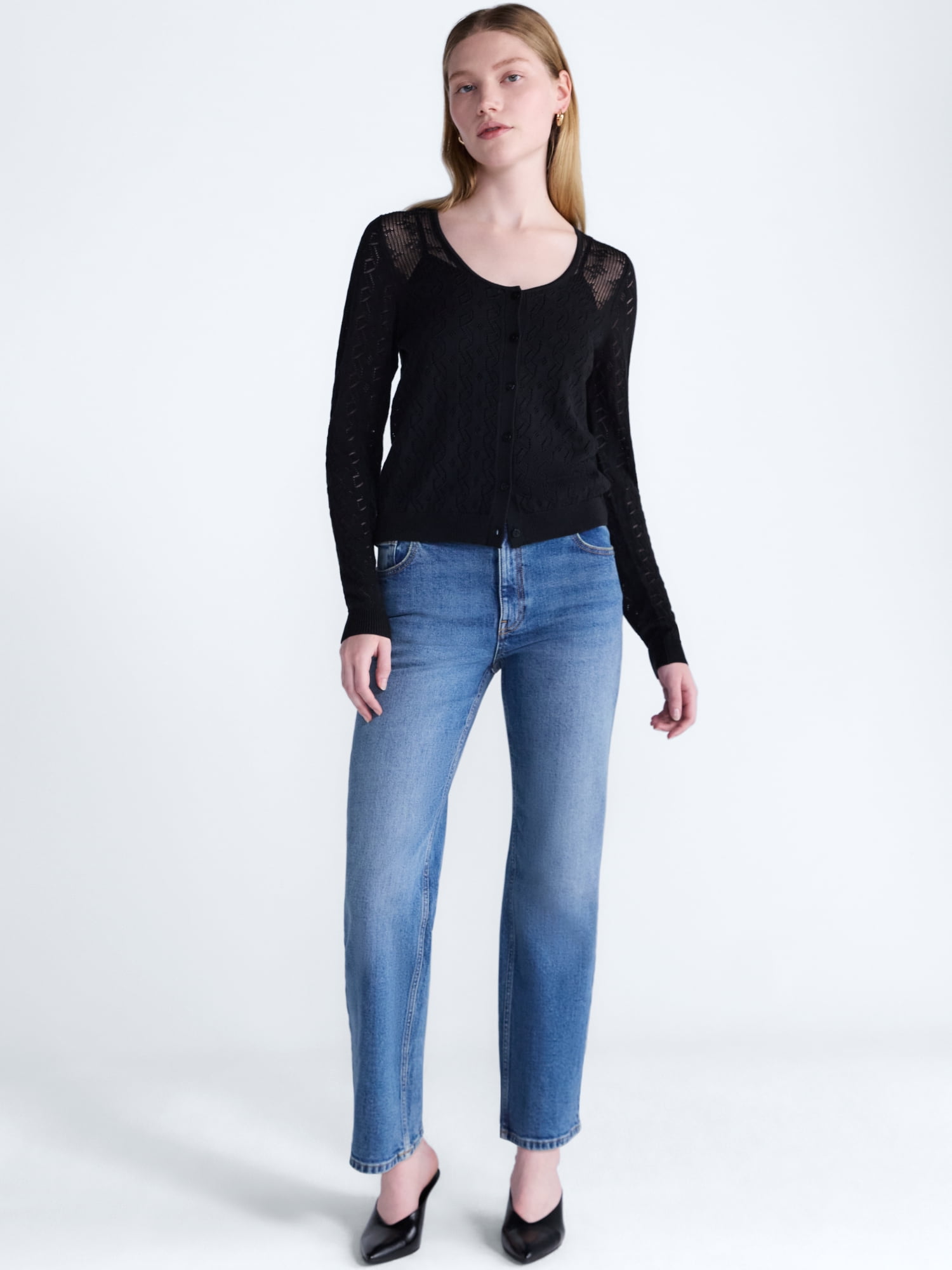 Scoop Women's Pointelle Knit Cardigan Sweater with Long Sleeves, Lightweight, Sizes XS-XXL