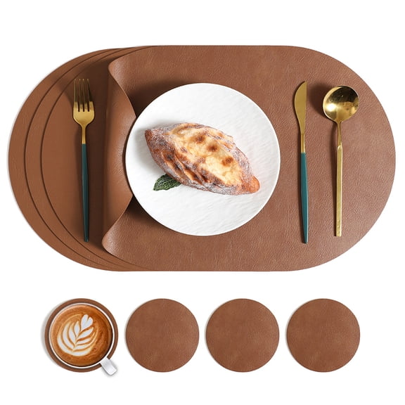 XmhyTop-A 8-Pack 44.5x30cm Oval Placemats Set, Dual Sided Heat Resistant Leather Placemats,Style A,Brown