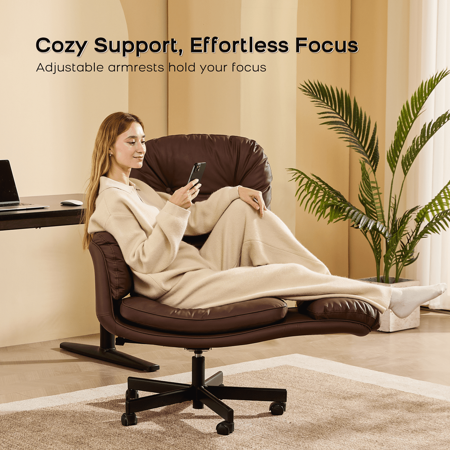 TMV PU Leather Office Chair Criss Cross Chair,Vanity Chair with Armrests & Wheels for Cross-Legged,Adjustable Swivel Desk Chair Wide Rolling Chair for Adults,Brown