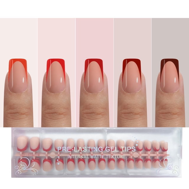 Jsiallye Uñas postizas rojas con punta francesa, 150 piezas, uñas cortas cuadradas a presión, puntas de uñas 3 en 1, uñas postizas preformadas, puntas de uñas acrílicas de gel suave, sin necesidad de