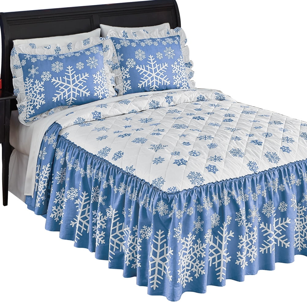 Blue And White Winter Snowflake Bedspread, Queen, Blue