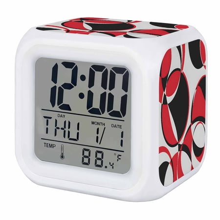 Alarm Clocks Red Geometric Circle Digital Clock 7 Color LED Night Light Silent Non-Ticking Battery Operated Modern Abstract Art Cube Clocks Decorative for Bedroom Bedside Living Room Office School