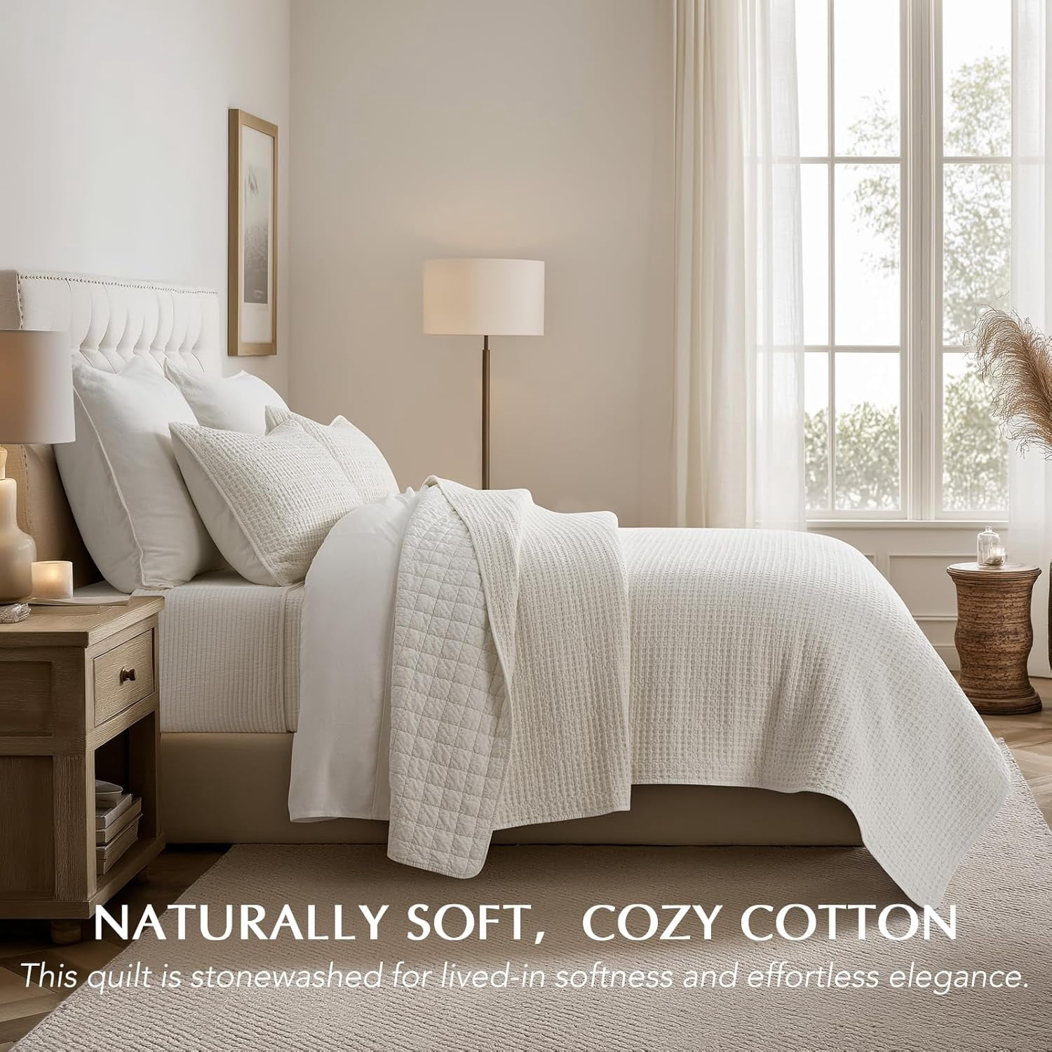 EVERGRACE Stonewashed 100% Natural Cotton Waffle Quilt Set King Size 3 Pieces, Soft, Breathable & Substantial Bedding, Quilted Coverlet Bedspread with 2 Shams for All Seasons, Bright White