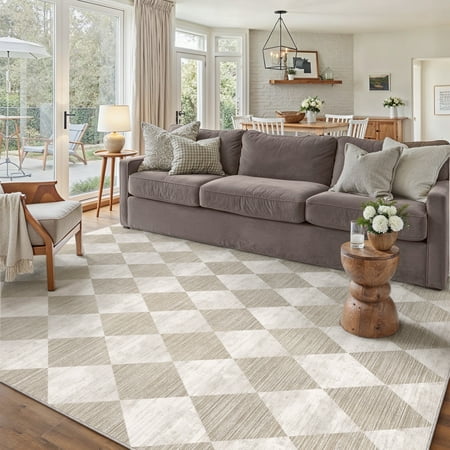 BERTHMEER 6 x9  Area Rugs for Living Room Bedroom Kitchen Rugs Washable Non Slip Office Dining Room Farmhouse Geometric Modern Rhombus Checkered Contemporary Rugs Carpets Beige