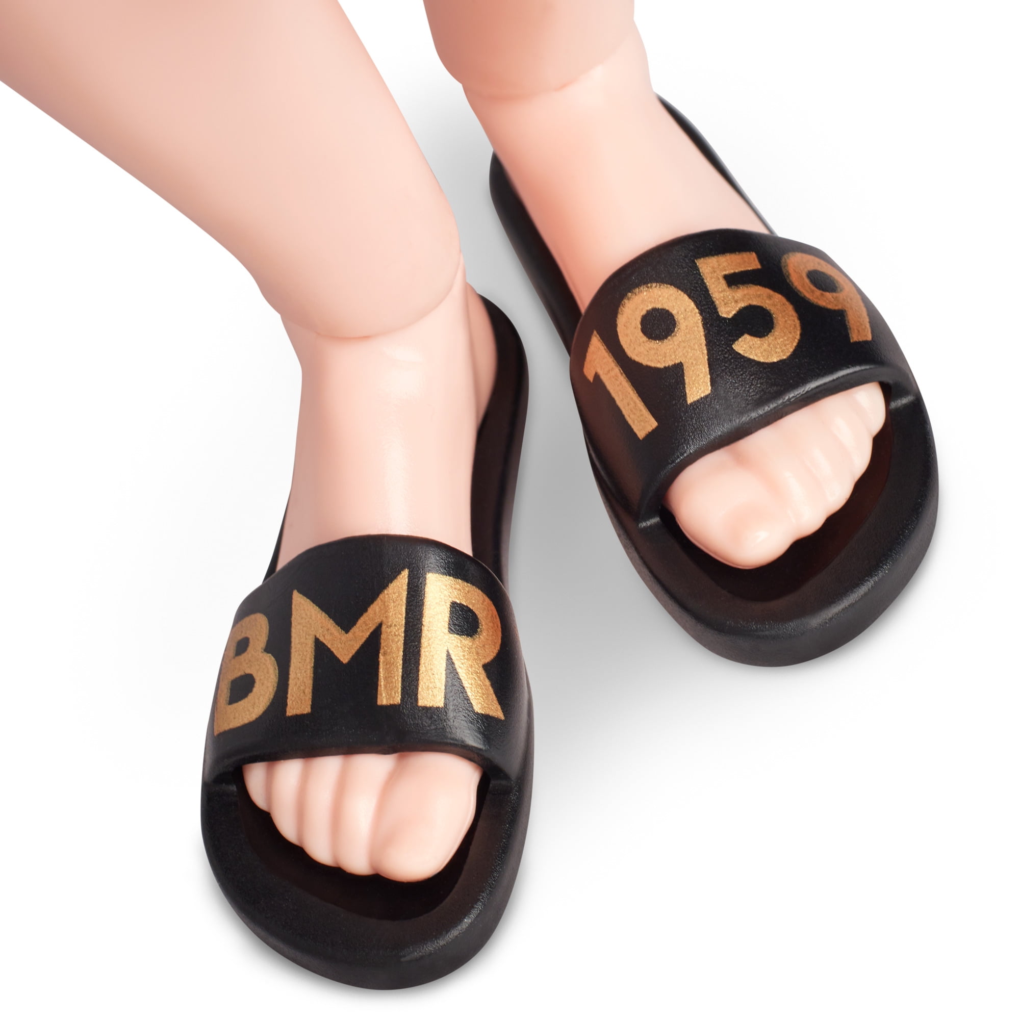 KEN SHOES ~ BMR1959 MADE TO MOVE KEN DOLL BLACK GOLD LOGO CASUAL SLIDE SANDALS