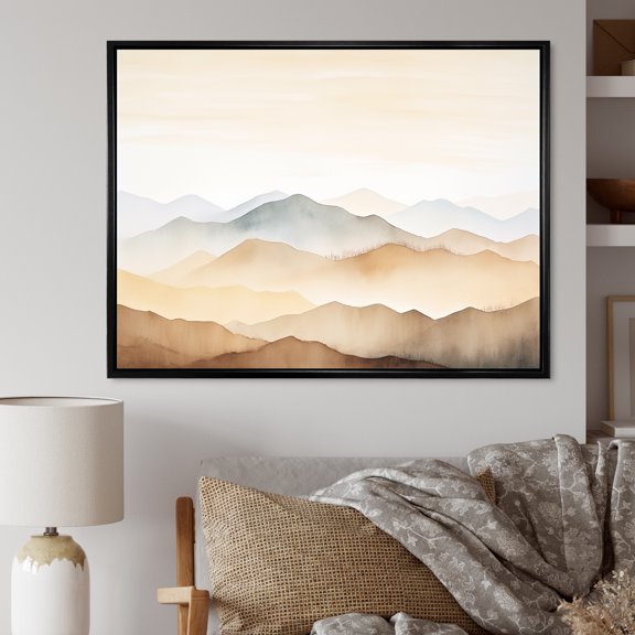 Designart "Whispering Serenity Of A Mountain Morning IV" Landscape Mountains Floater Framed Canvas Wall Art