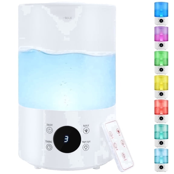 Humidifier for Bedroom, 4L Cool Mist Top-Fill 18H Long Time, Quiet 36db, Large Capacity Humidifier with Remote Control, 7-Color RGB Light, Auto Shut-off for House, Plant, Large Room