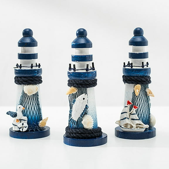 PBPBOX Rustic Home Decor Wooden Nautical Lighthouse Figurine Lighted Ocean Tower Sea Beach Statue Mediterranean Style 1 Set for Tabletop Miniatures