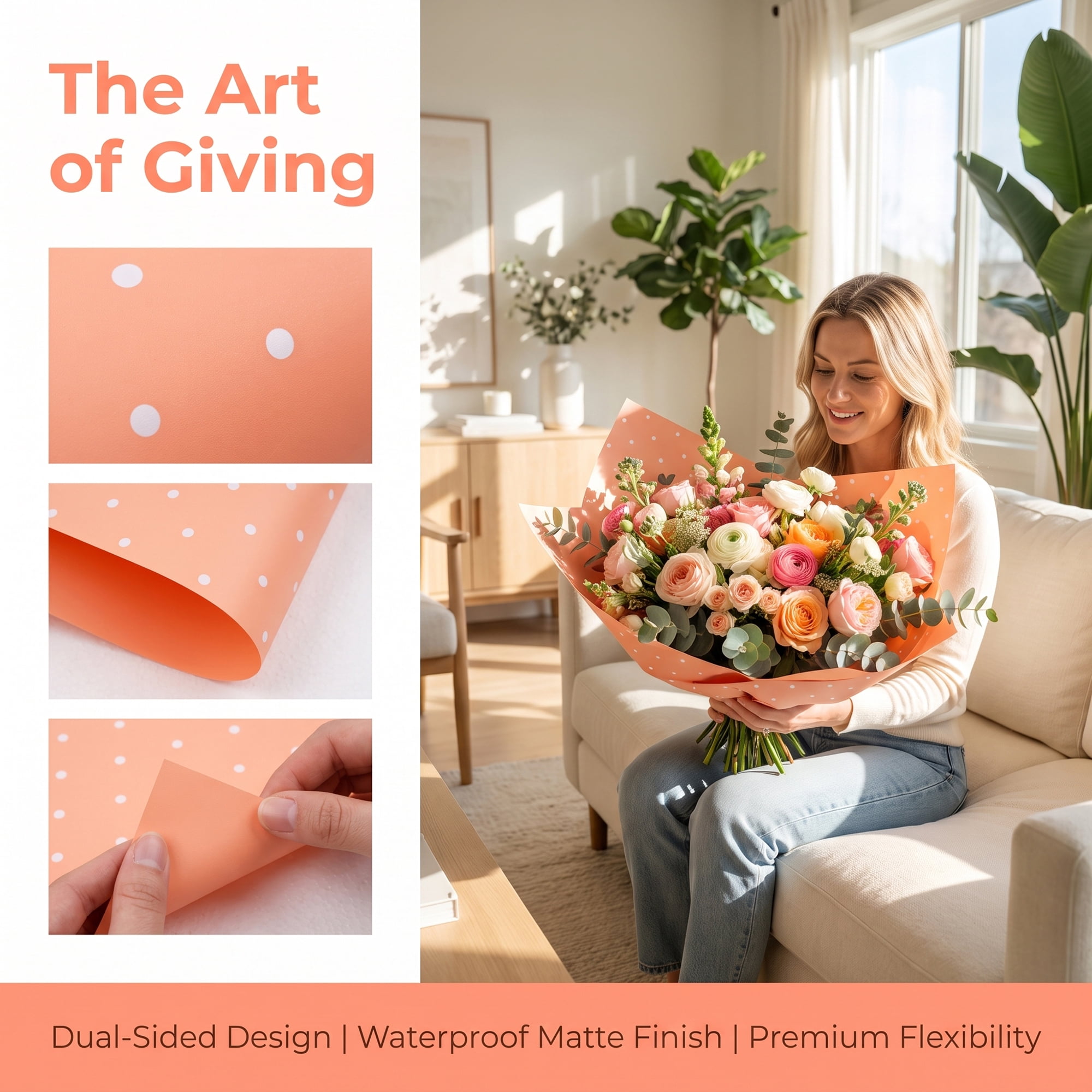 Unique Bargains Waterproof Luxury Matte Gift Wrapping Paper for Bouquets Orange 22" x 22"