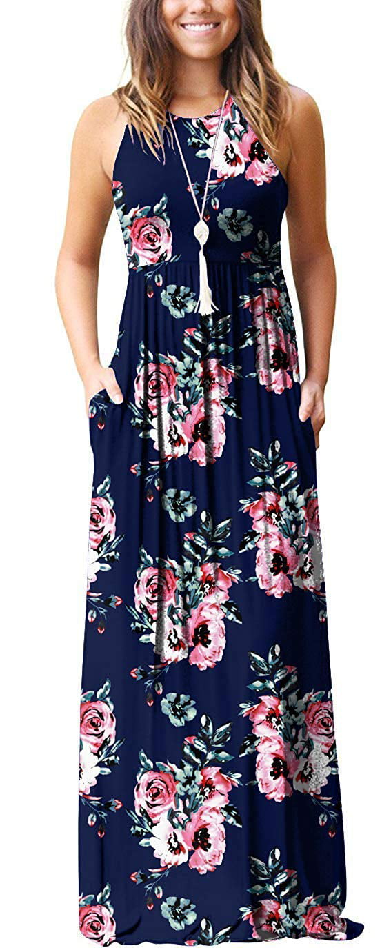 Womens Boho Floral Sleeveless Ladies Summer Loose Plus Size Dress Long Top 8-24 