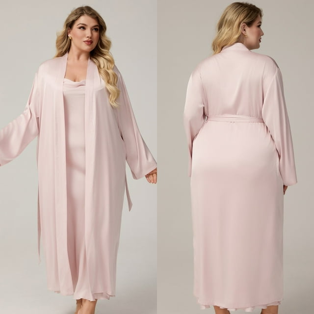 HongQid Women's Plus Sized Nightgown and Robe Set Long Sleeves Robes 2 Piece Bathrobe Set V-neck Cami Sleepwear