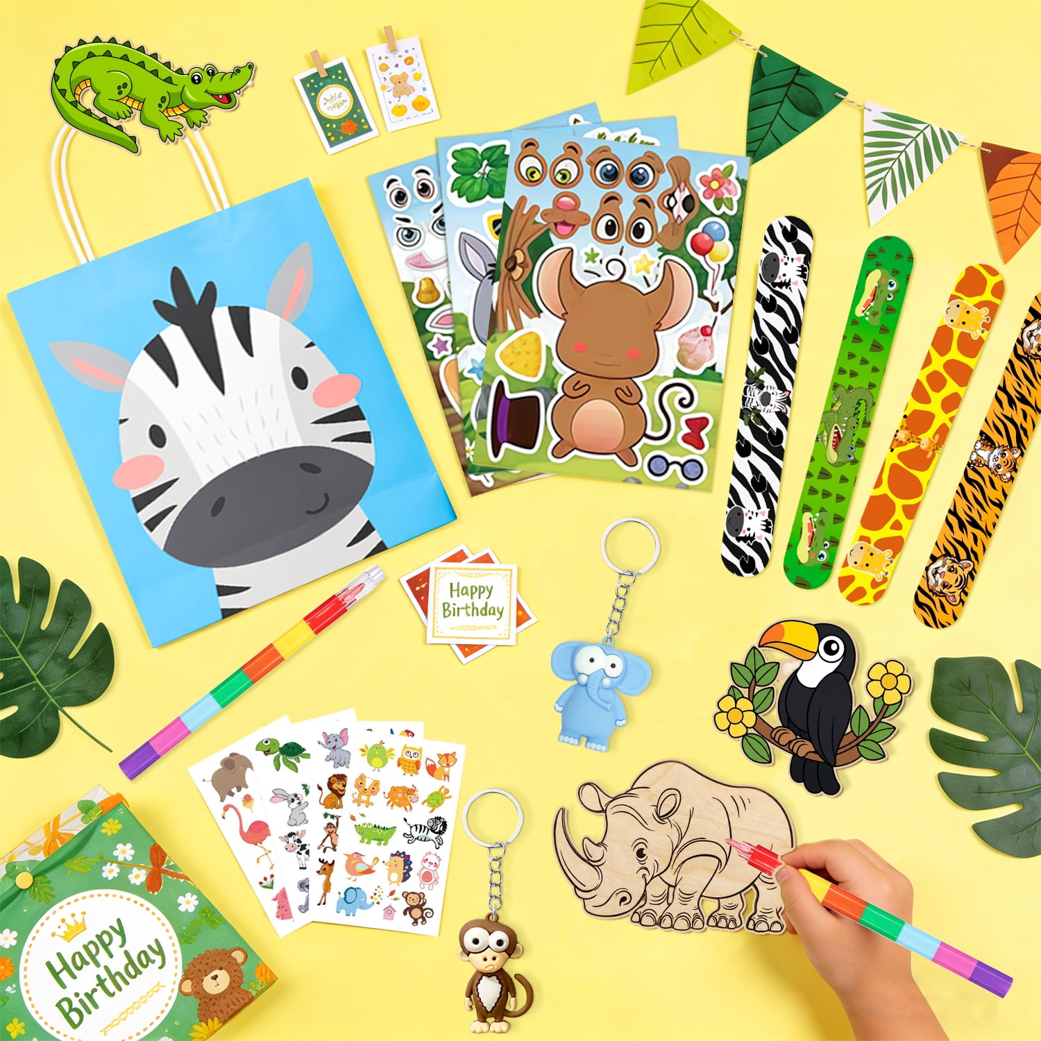 108Pcs Animals Party Favors,  Animals Birthday Favors Set- Animals Goodie Bags Key Chains Stickers Diy Wooden Ornaments etc Animals Party Supplies for Animals Birthday Decorations