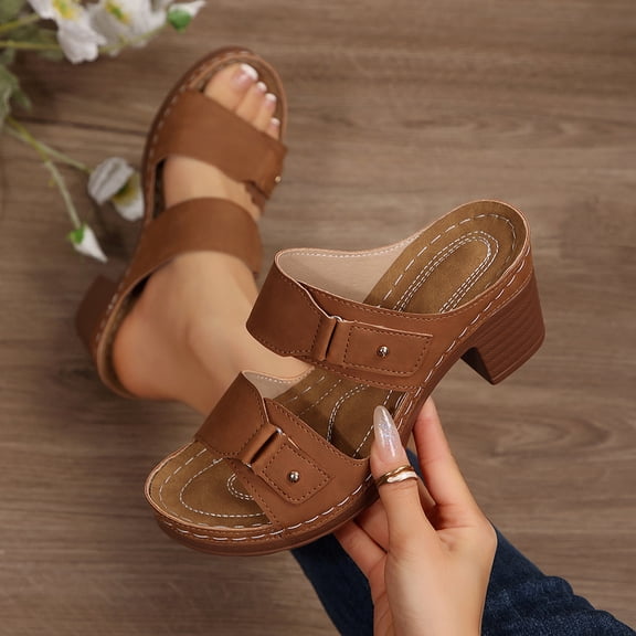 Summer Beach Slippers Sandals for Women Flip Flops Plus Size Casual Comfortable Solid Color Round Toe Open Toe Heel High-Heeled Sandals