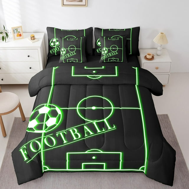 YST Ensemble de Literie de Soccer, Ensemble de Literie de Sport 7 Pcs, Noir Vert, Taille Simple