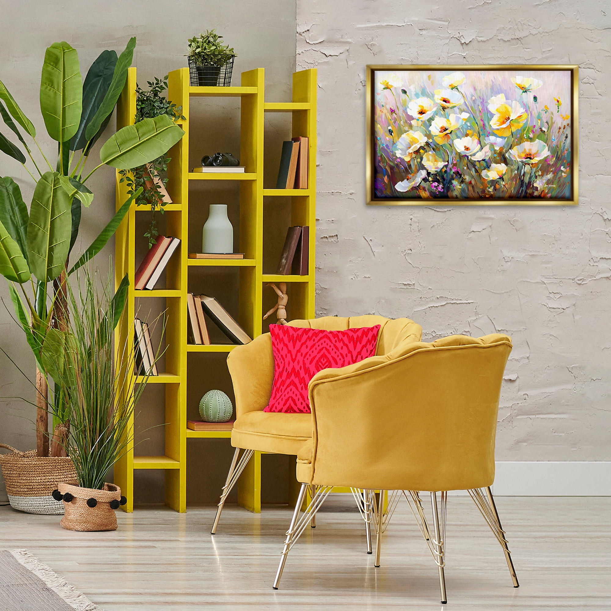 Stupell Industries Sunlit Petals Embrace Botanical & Floral Painting Gold Floater Framed Art Print Wall Art, 25 x 17