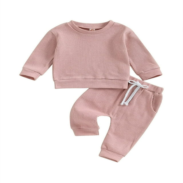 Toddler Baby Waffle Fall Outfits Solid Color Long Sleeve Sweatshirt Tops Pocket Pants Set Winter Clothes 0-6 Months